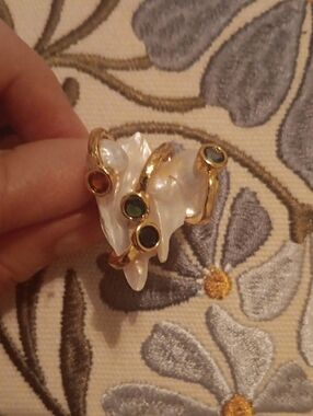 White Keshi Pearl and Simulated Multi Color Diamond 5.00 ctw Ring in Goldtone